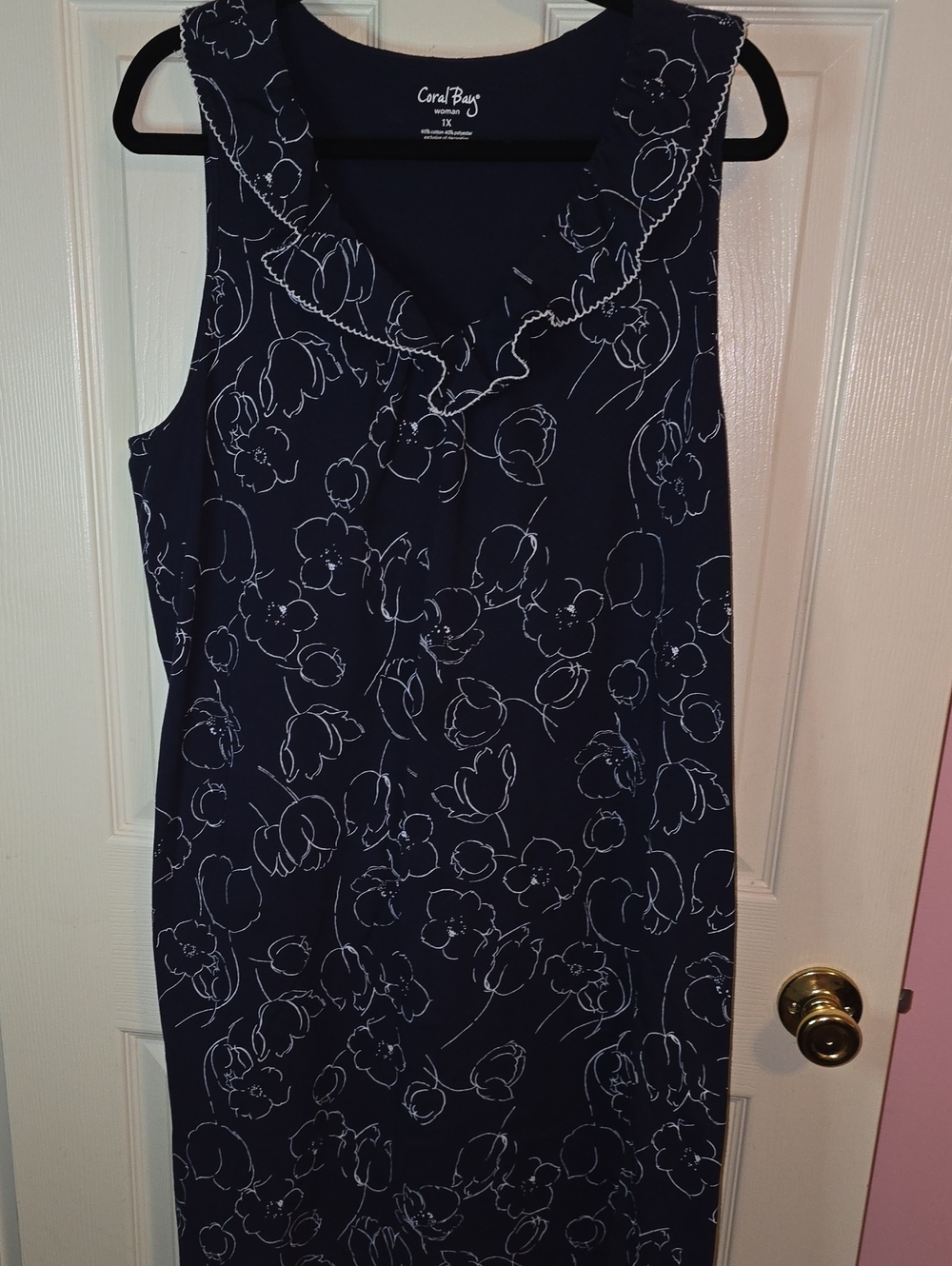 Coral Bay Navy Dress with White Floral Outline and Ruffle Trim